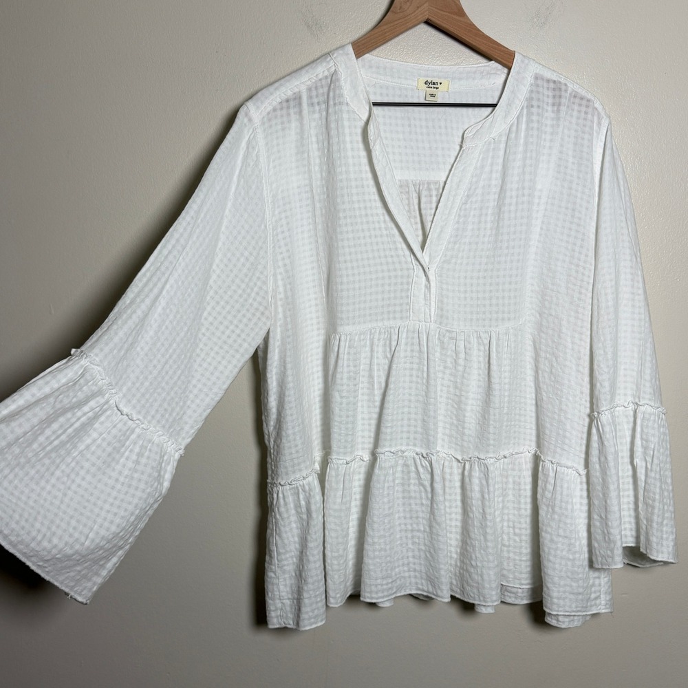 Dylan Womens 100% Cotton Blouse XL White Tiered Bell Sleeve Gingham Seersucker
